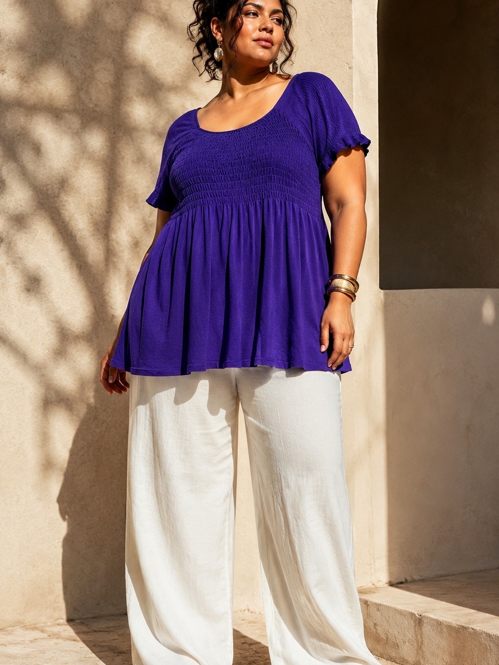 AE City Purple Smocked Knit Tunic Top Plus Size 1X Boho Casual Office